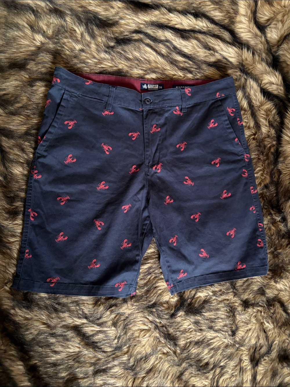 RUGBY UNIVERSITY Stretch Sz 38 Navy W/Red Lobster Print Chino Flat Front Shorts